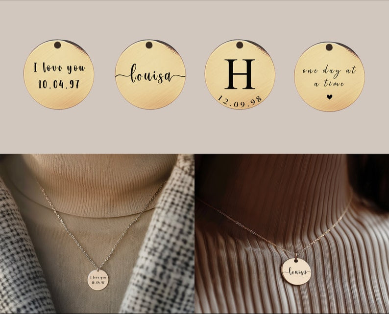 Personalizovaný náhrdelník so zaoblenou mincou a gravírovaným menom – šperk